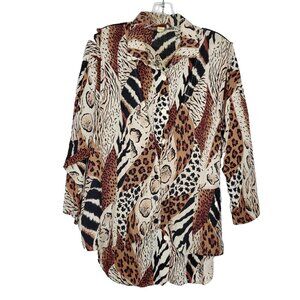 Vintage Animal Print Blouse Sz L 2pc Vest Cheetah Leopard Brown Black 1980s